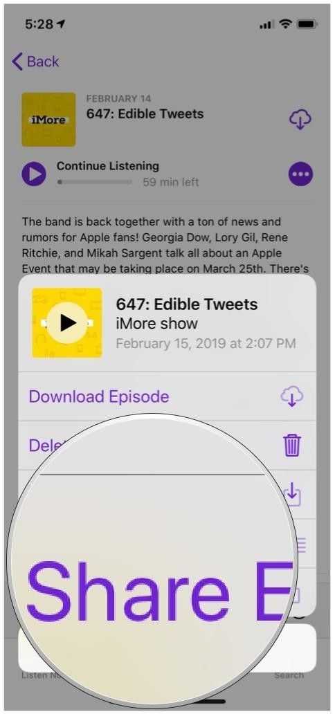 Apple Podcasts эпизод подробно поделиться меню эпизода