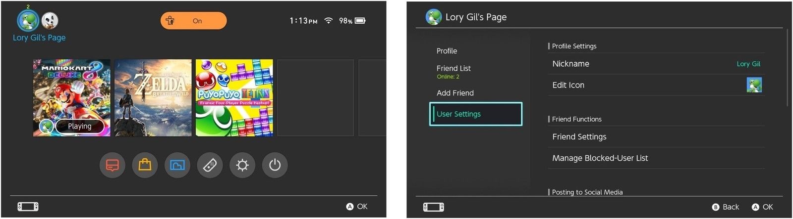 Выберите свой профиль, затем выберите Настройки пользователя