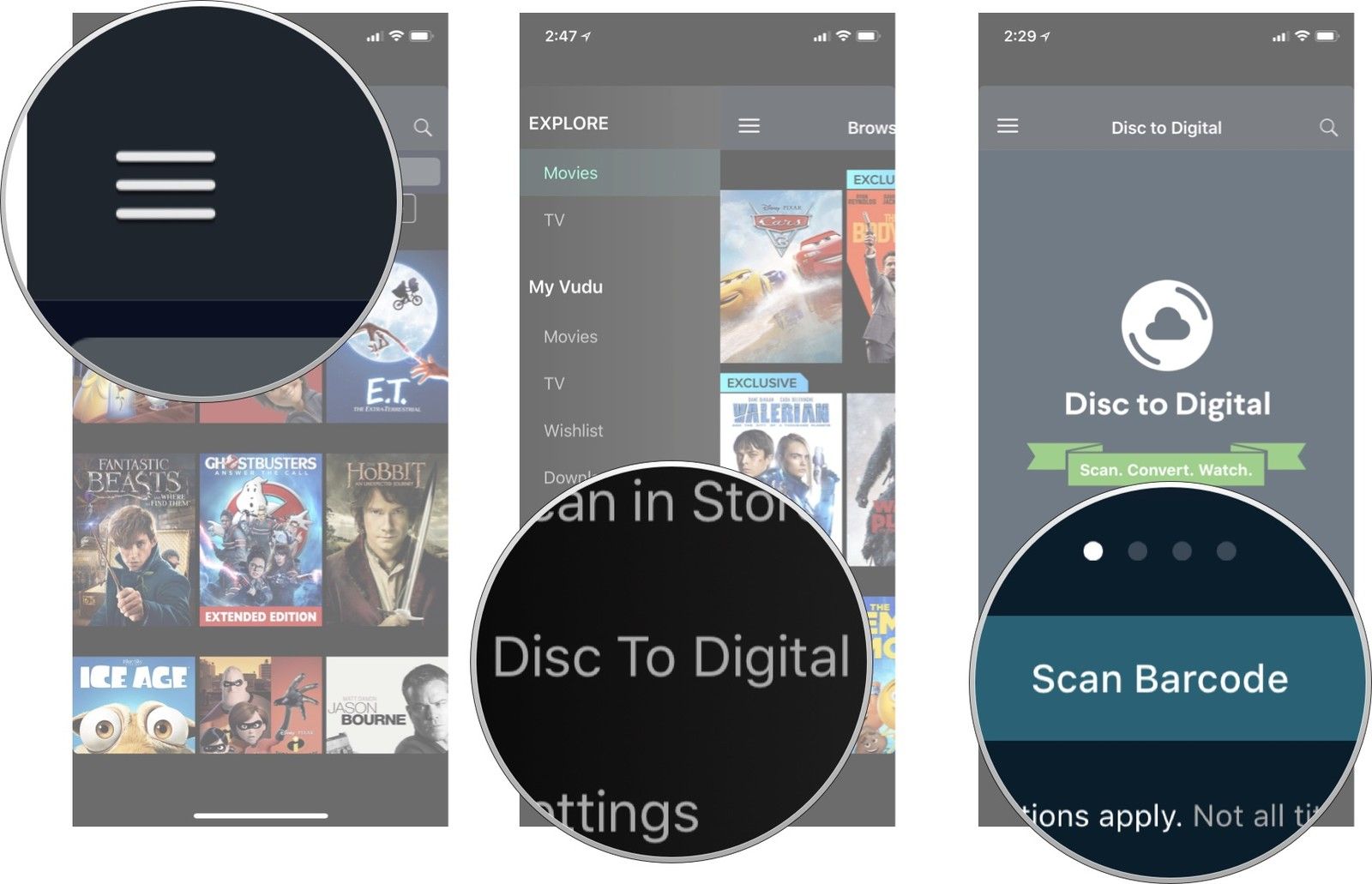 Нажмите значок меню, затем нажмите «Диск на цифровой», затем нажмите «Сканировать штрих-код».