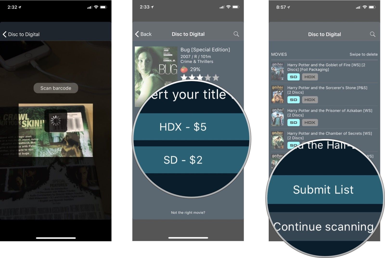 Сканируйте свой штрих-код, затем нажмите SD или HDX, затем нажмите «Отправить» или «Продолжить сканирование».