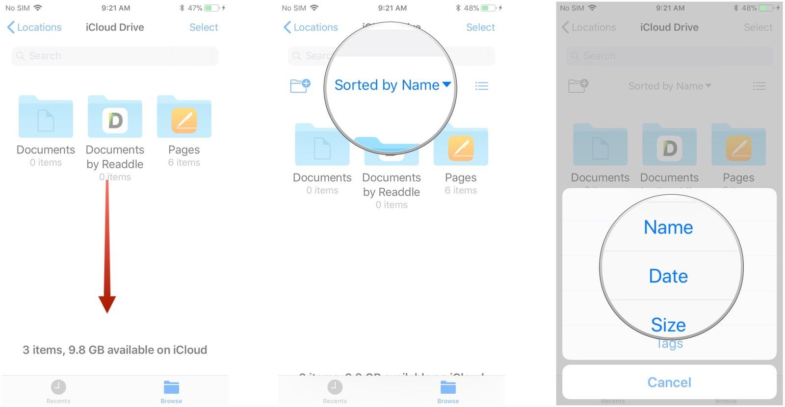 Проведите пальцем вниз по центру экрана, нажмите «Сортировать по» и выберите параметр