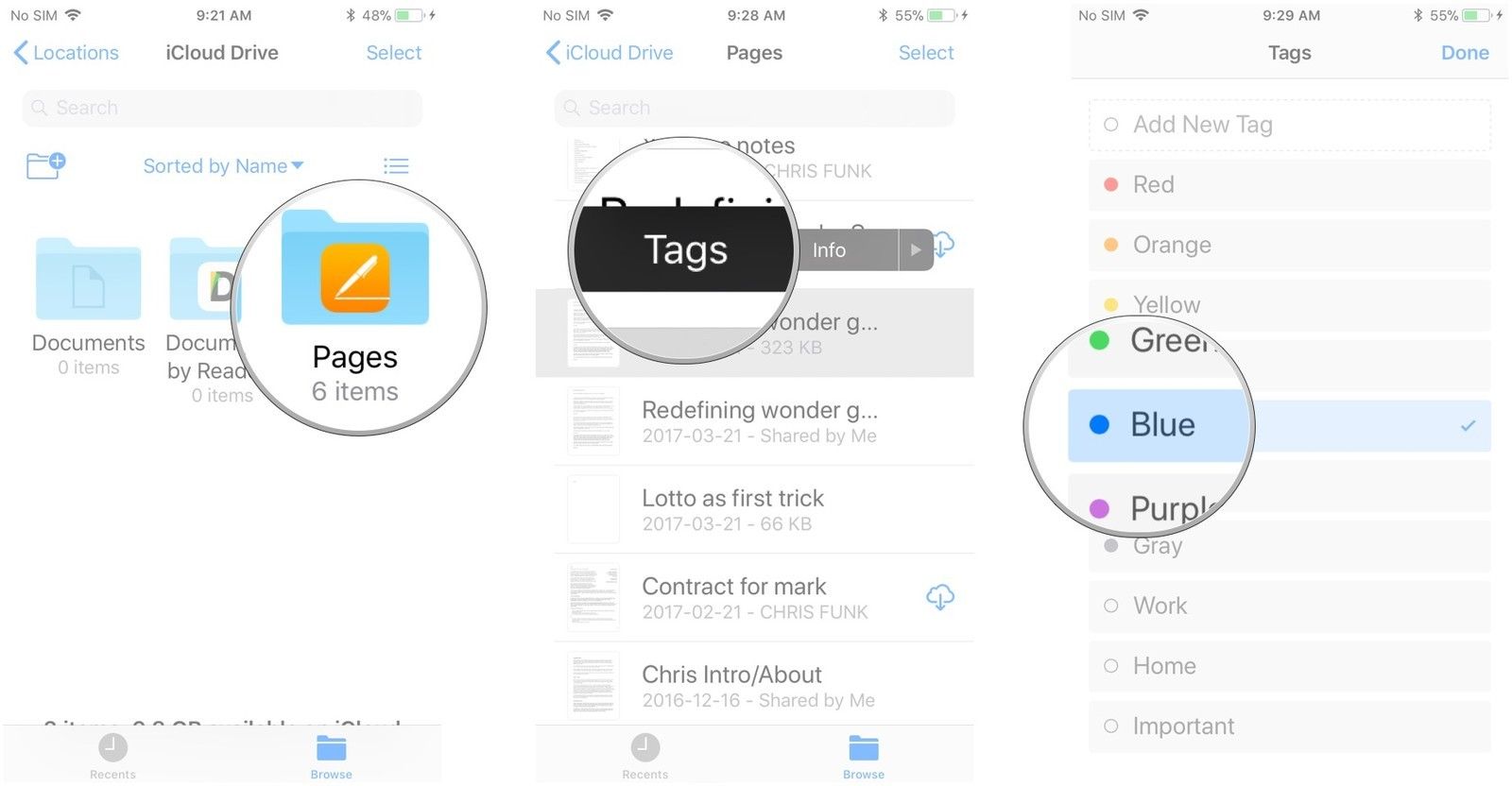 Нажмите на папку, нажмите и удерживайте документ, нажмите стрелку вправо в появившемся меню, нажмите «Теги», нажмите тег, нажмите «Готово».