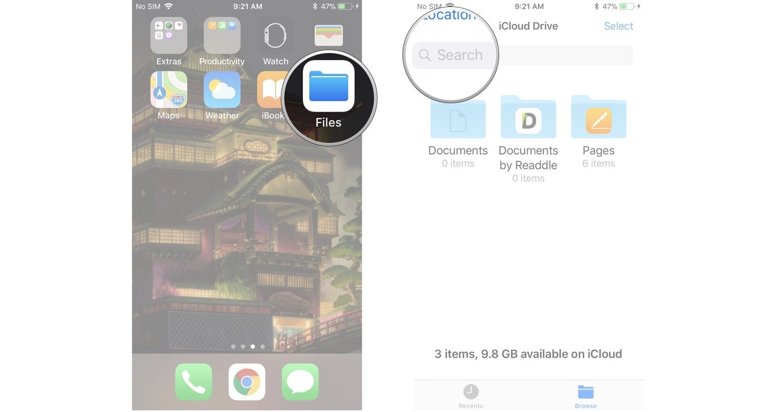Запустите приложение «Файлы», коснитесь панели поиска, введите поисковый запрос, нажмите «Поиск».