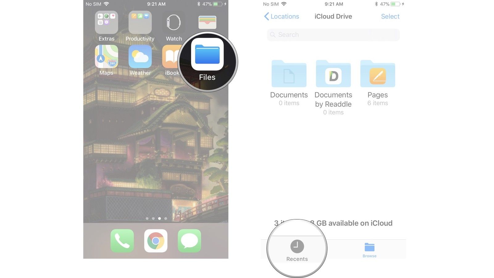 Запустите приложение «Файлы», нажмите кнопку «Последние» внизу экрана.