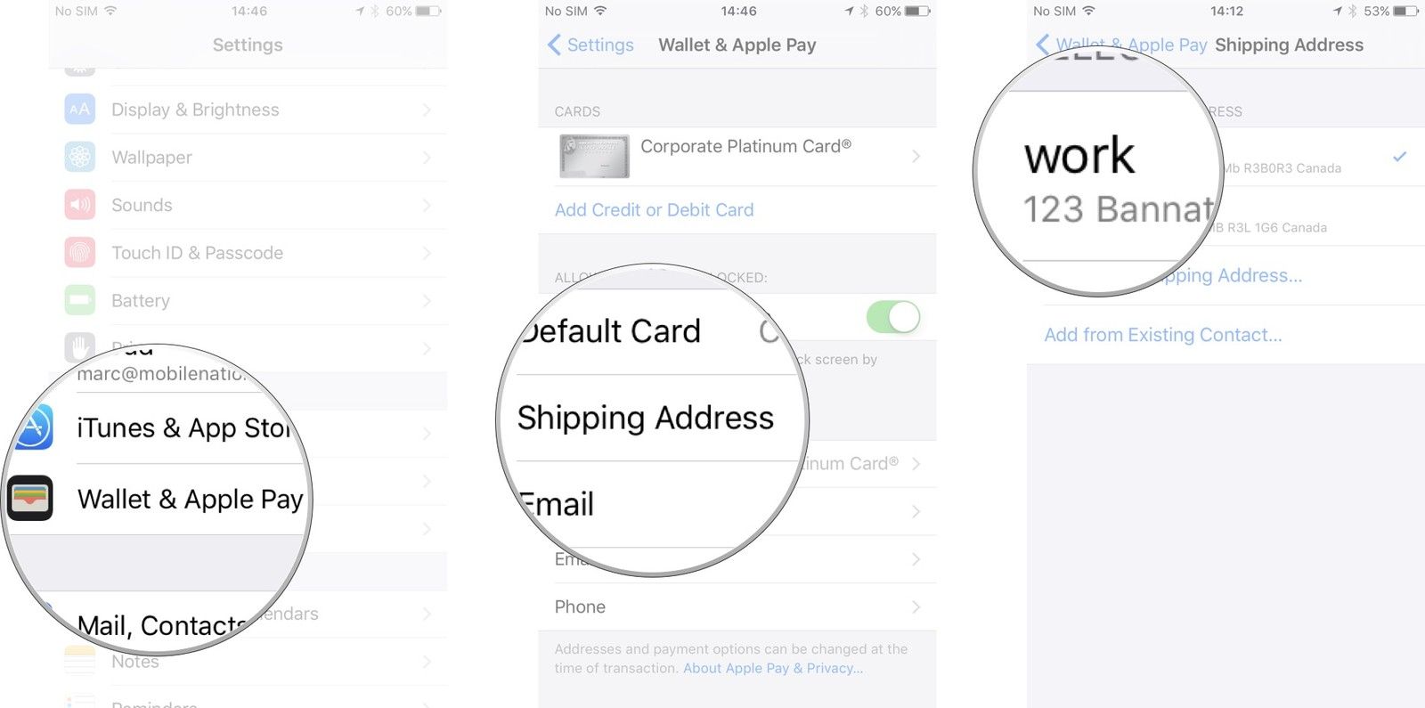 Запустите приложение «Настройки», нажмите «Кошелек и Apple Pay», нажмите «Адрес доставки» и нажмите на адрес, который вы хотите использовать по умолчанию.