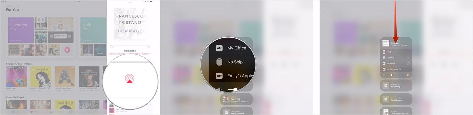 Нажмите AirPlay, выберите ваш HomePod, проведите вниз по центру уведомлений