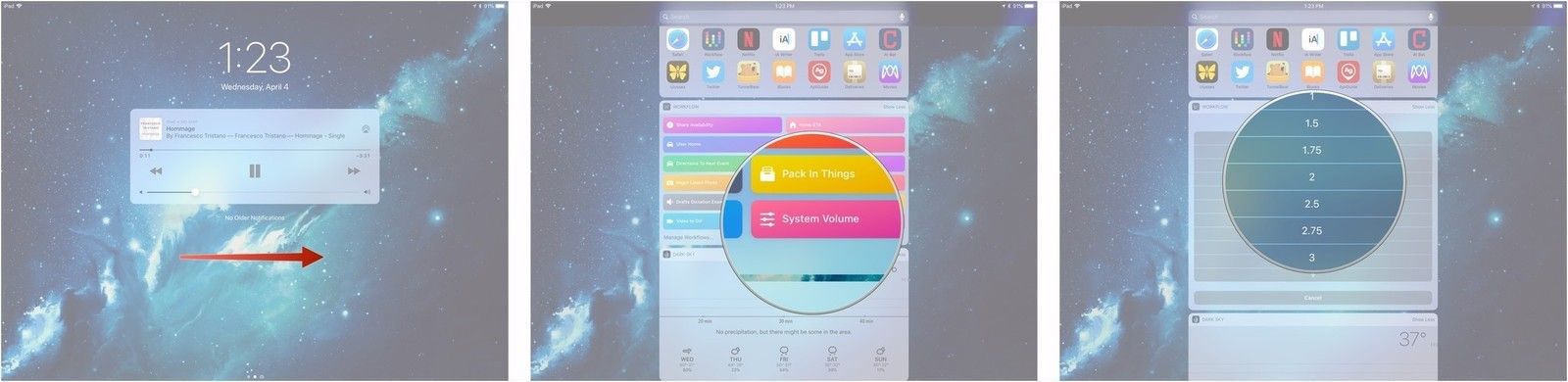 Проведите пальцем вправо, нажмите System Volume, выберите громкость