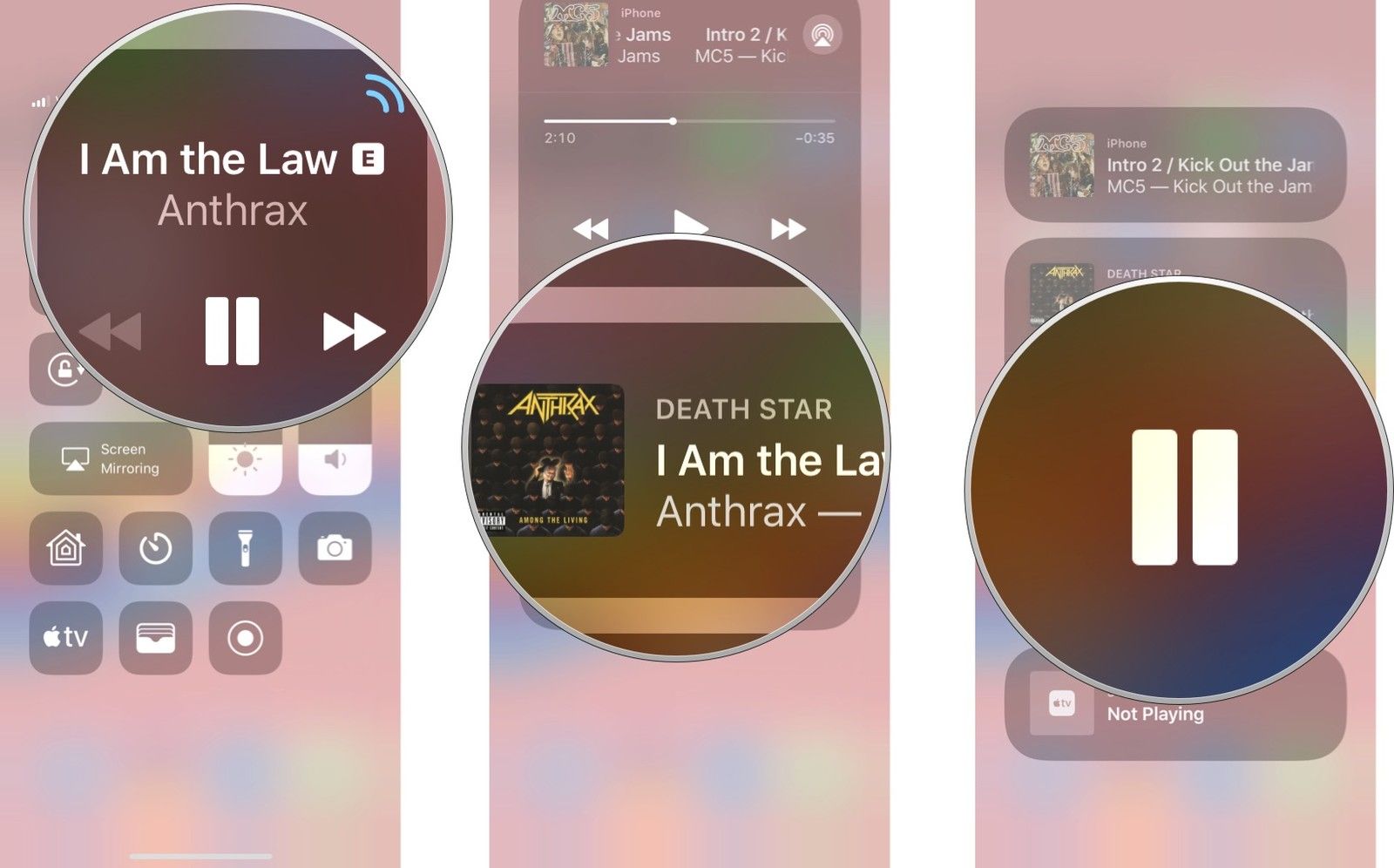 Коснитесь панели «Сейчас исполняется», затем коснитесь панели HomePod, затем коснитесь «Воспроизведение / пауза».