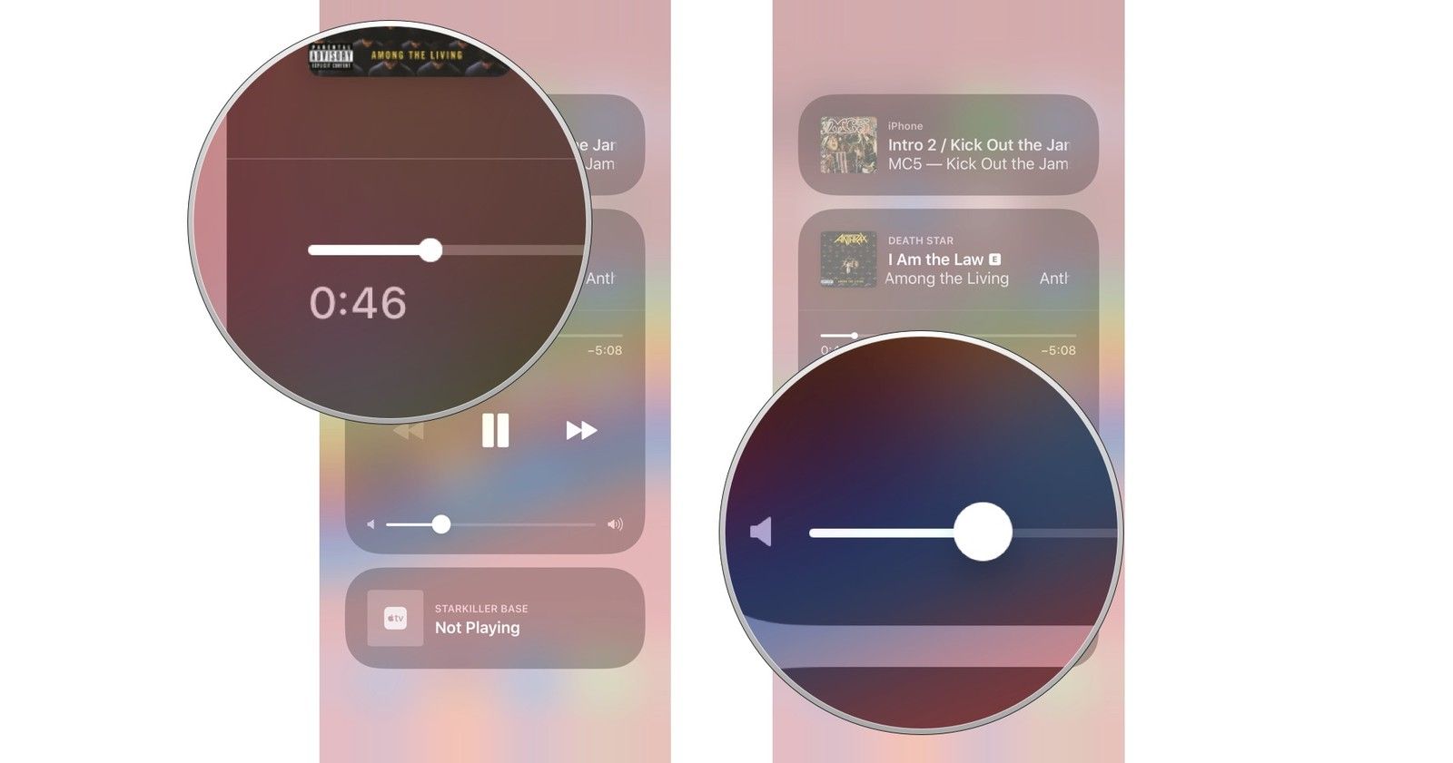 Перетащите ползунок воспроизведения, чтобы очистить песню, перетащите ползунок громкости, чтобы увеличить или уменьшить громкость.