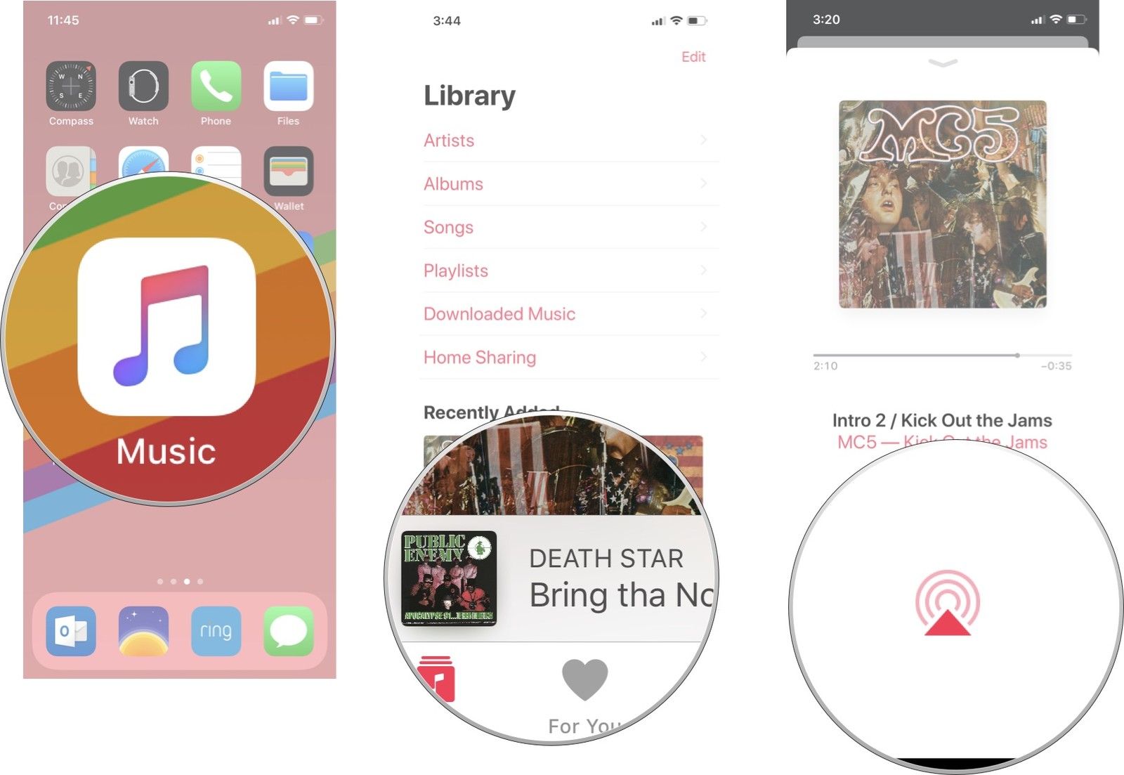 Откройте приложение «Музыка», затем нажмите баннер «Сейчас исполняется», затем нажмите значок AirPlay.
