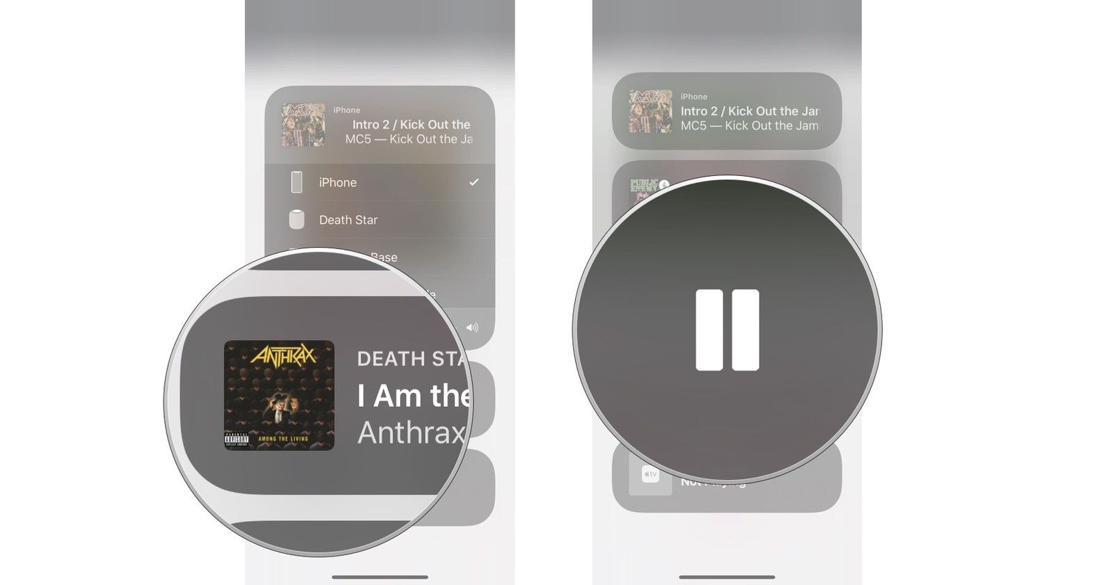 Нажмите ваш HomePod, затем нажмите пауза / воспроизведение