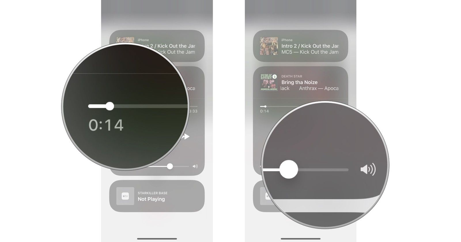 Перетащите ползунок воспроизведения, чтобы очистить песню, перетащите ползунок громкости, чтобы увеличить или уменьшить громкость.