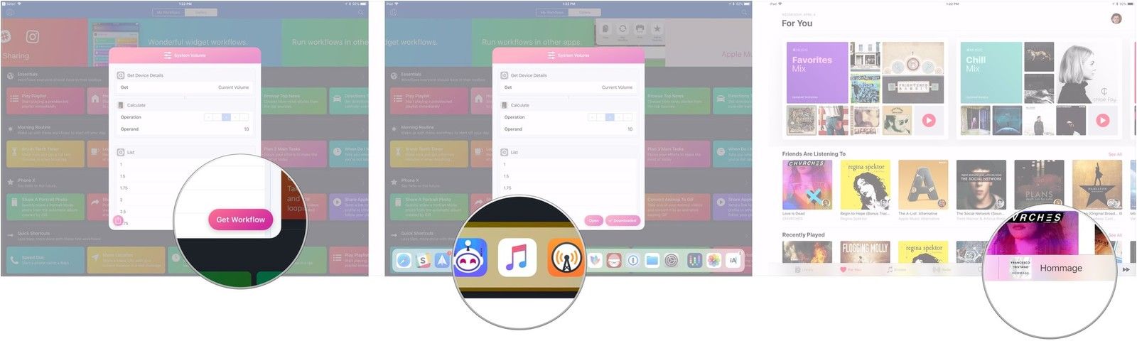Нажмите «Получить рабочий процесс», открыть «Музыка», панель воспроизведения.