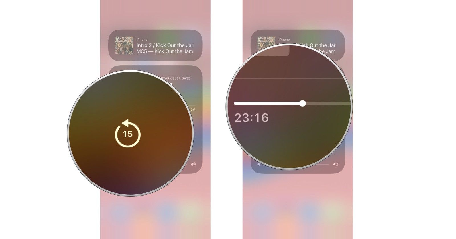 Нажмите, чтобы вернуться на 15 секунд, затем используйте ползунок, чтобы прокрутить вперед или назад