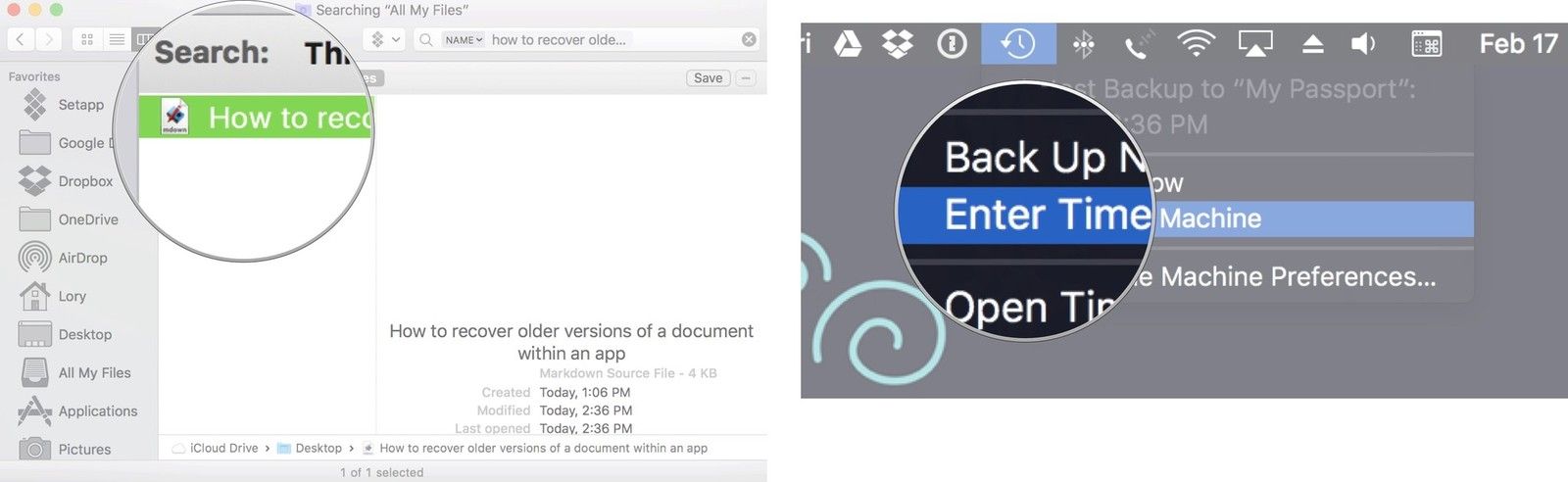 Найдите файл, затем откройте Time Machine