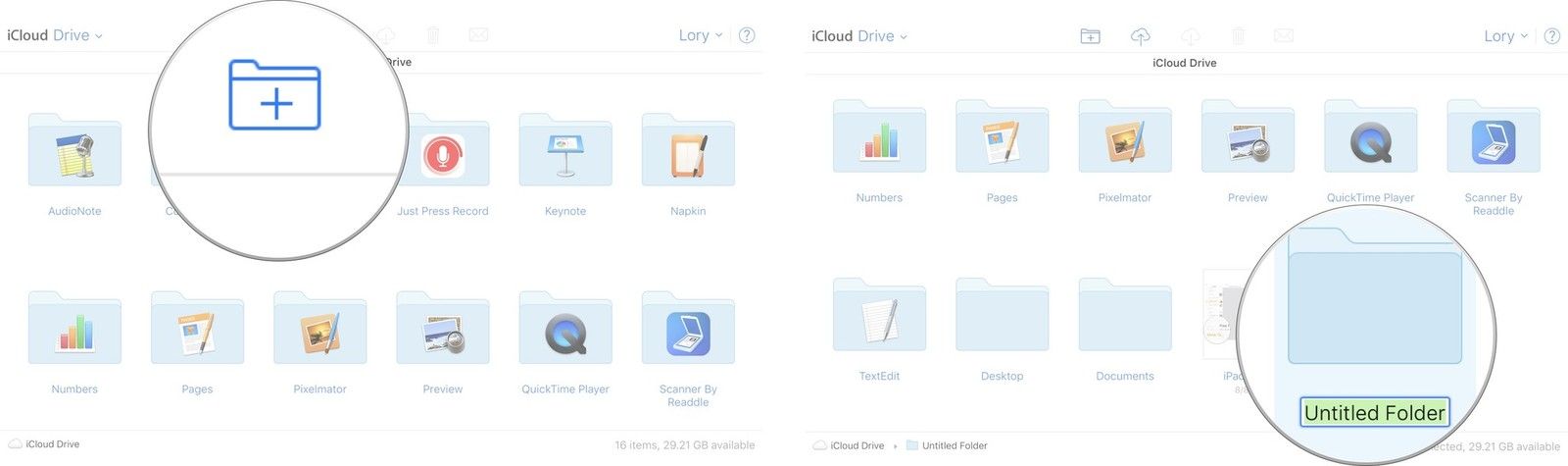 Создание новой папки в iCloud Drive на iCloud.com