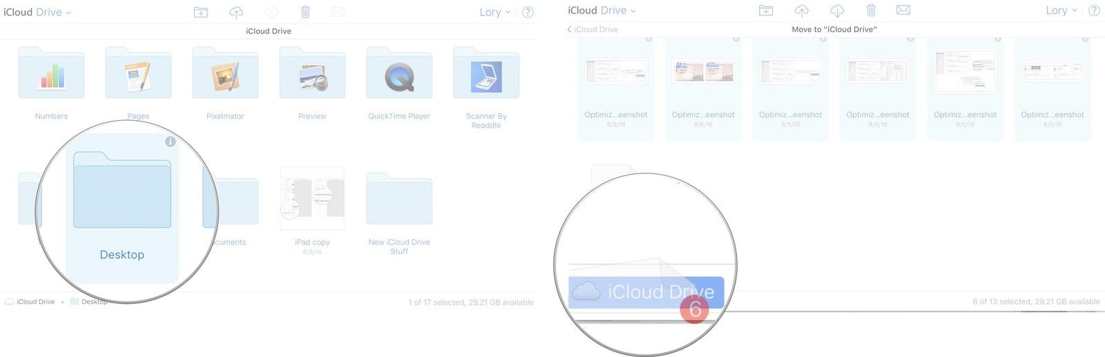 Выбор файлов для перемещения в iCloud Drive на iCloud.com