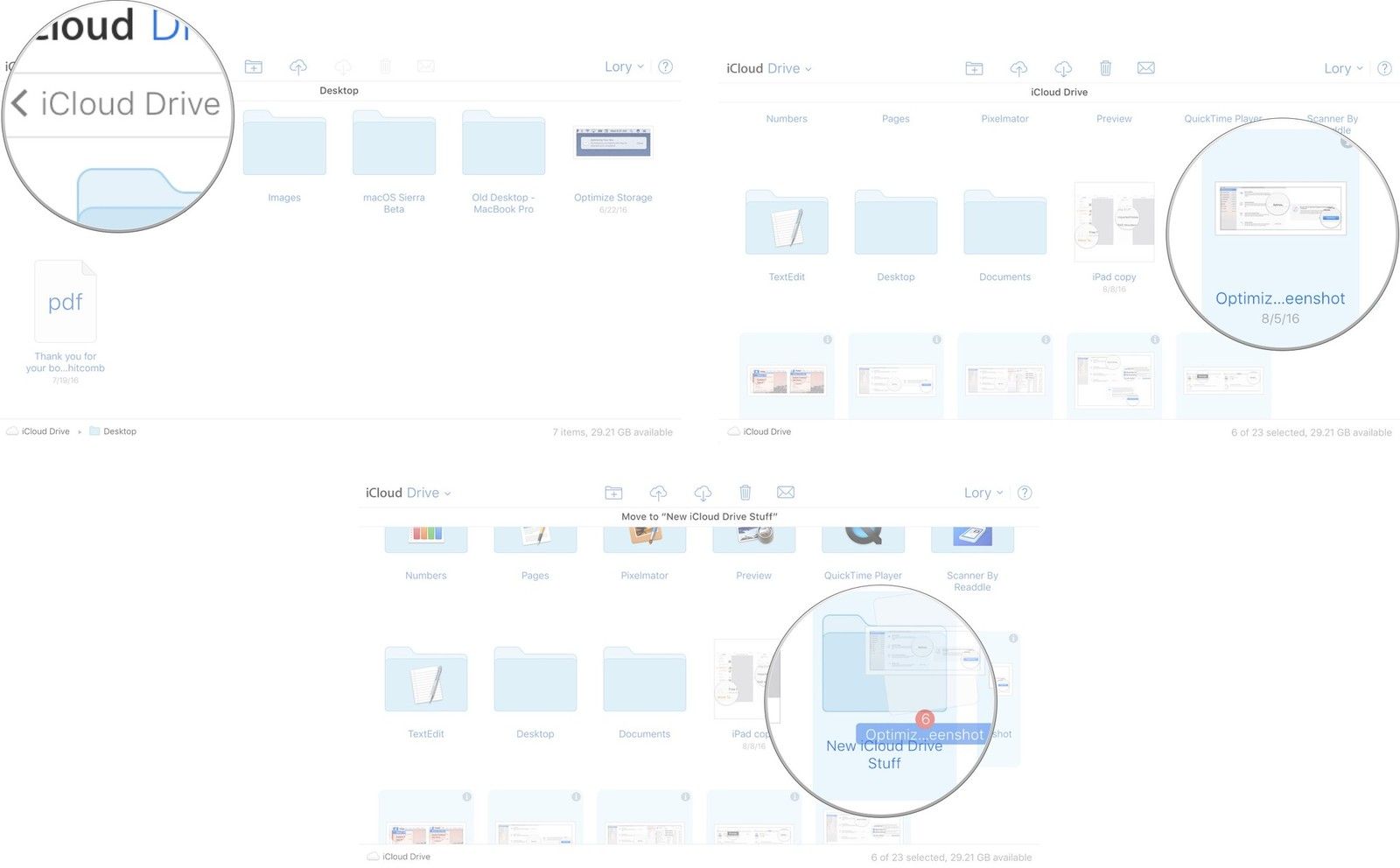 Перемещение файлов в новую папку в iCloud Drive на iCloud.com