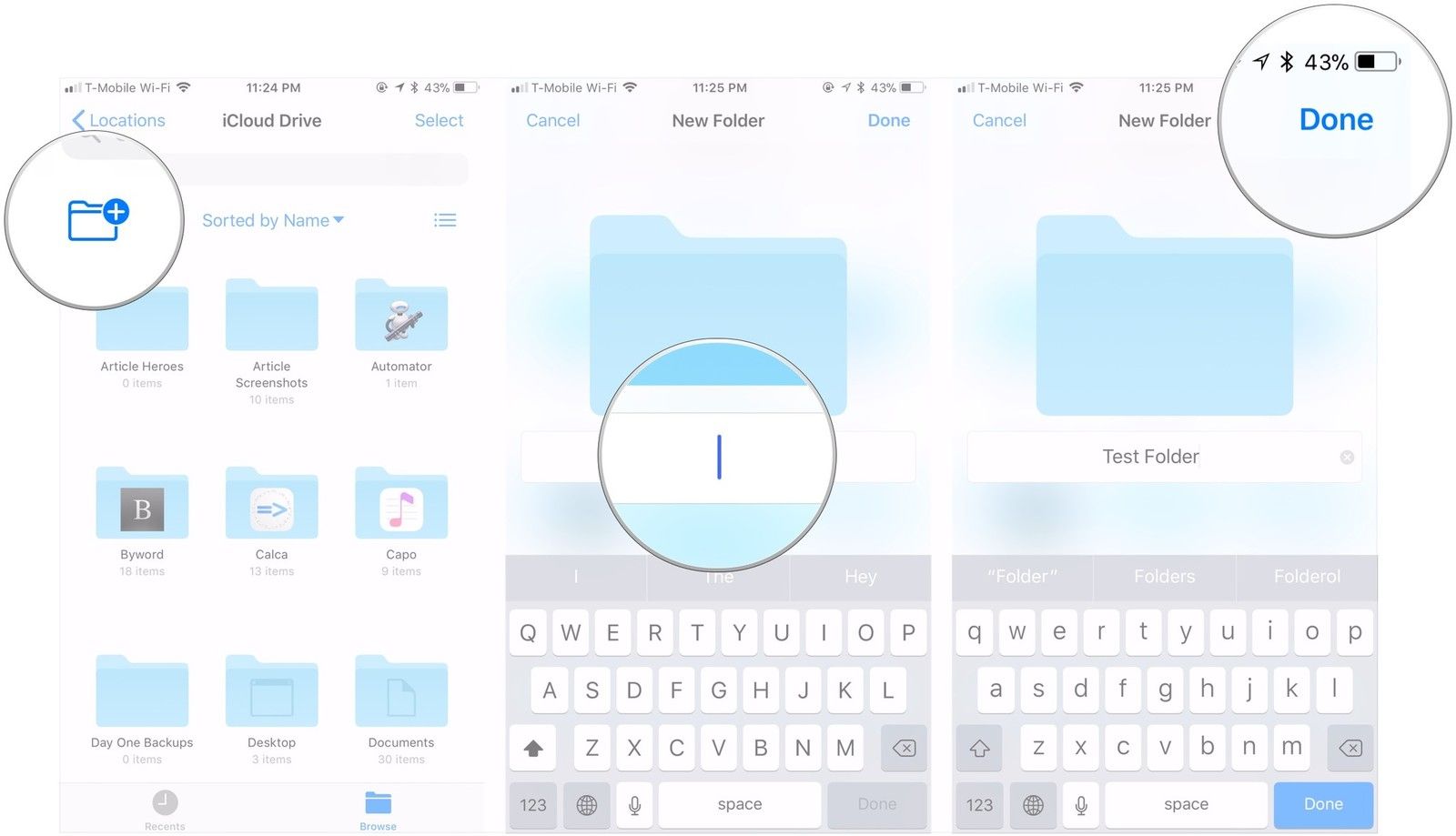 Нажмите новую папку, имя папки, нажмите Готово