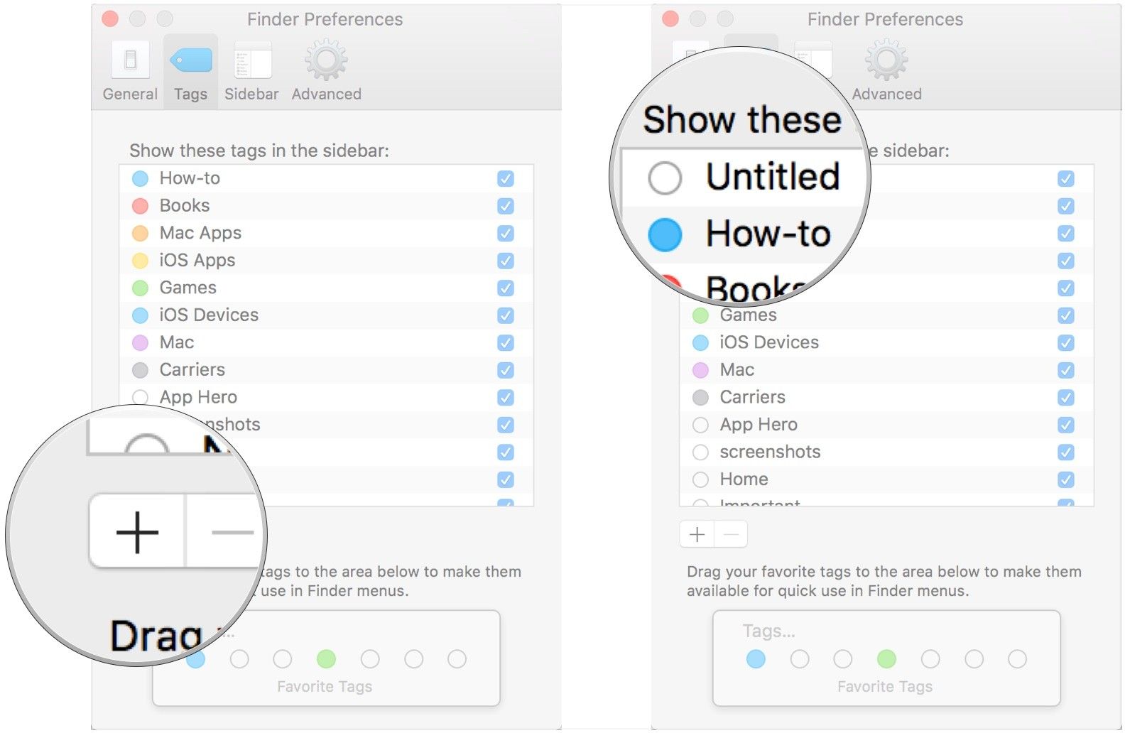 Нажмите +, выберите имя тега