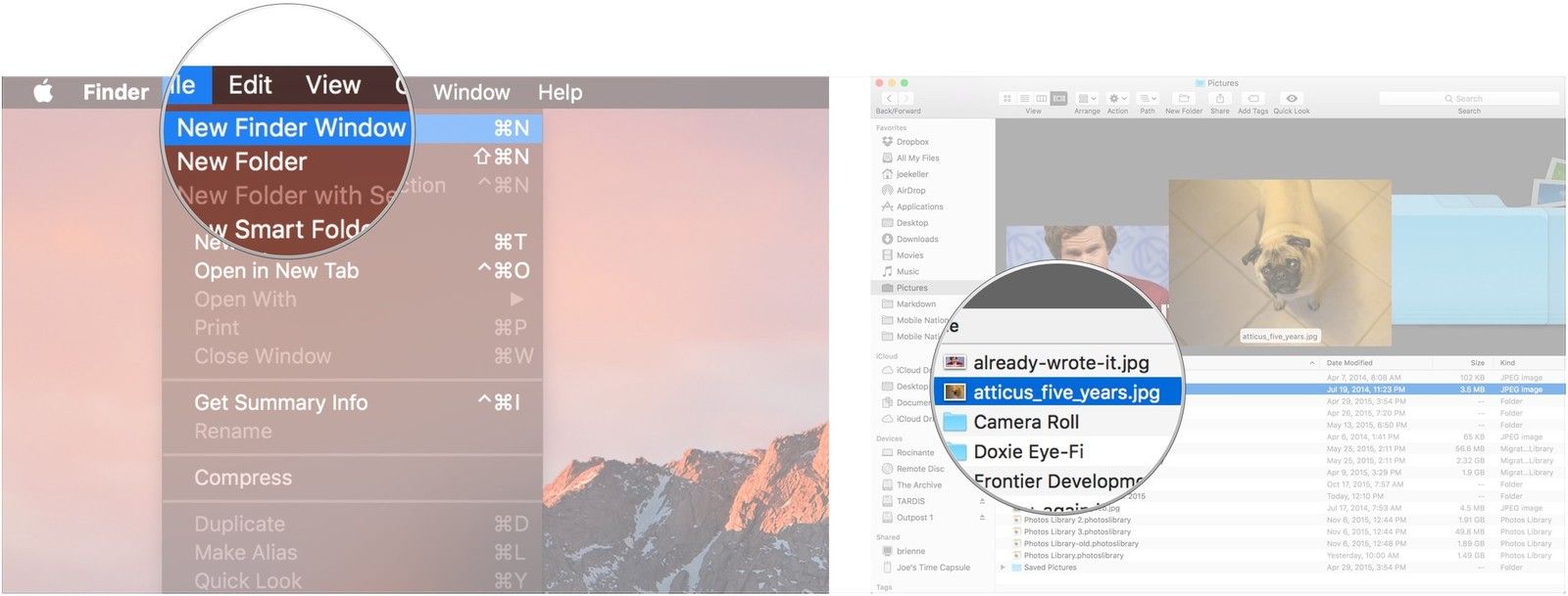 Открыть окно Finder, выделить элемент