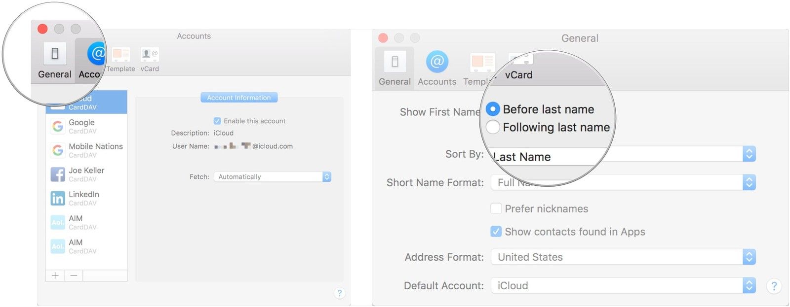 Нажмите General, выберите способ отображения имен