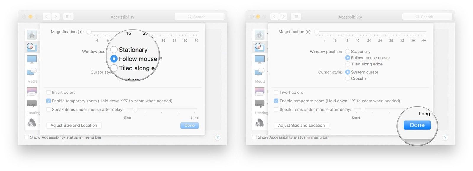Выберите опцию рядом с положением окна, нажмите Готово