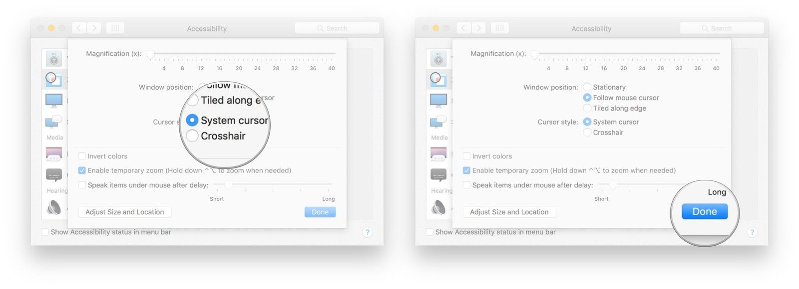 Выберите опцию рядом со стилем Курсор, нажмите Готово
