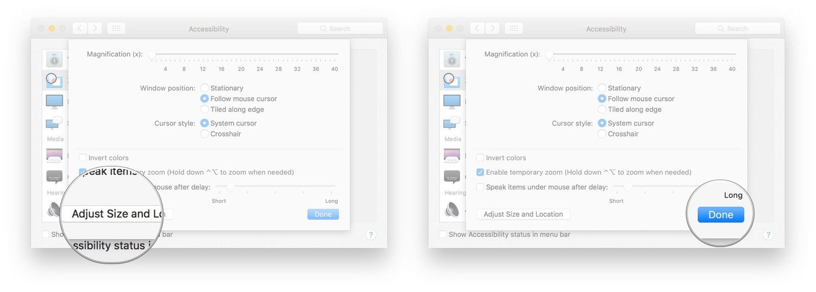 Нажмите «Изменить размер и местоположение», перетащите, чтобы изменить размер окна, нажмите и перетащите, чтобы переместить его, нажмите «Готово», когда закончите.