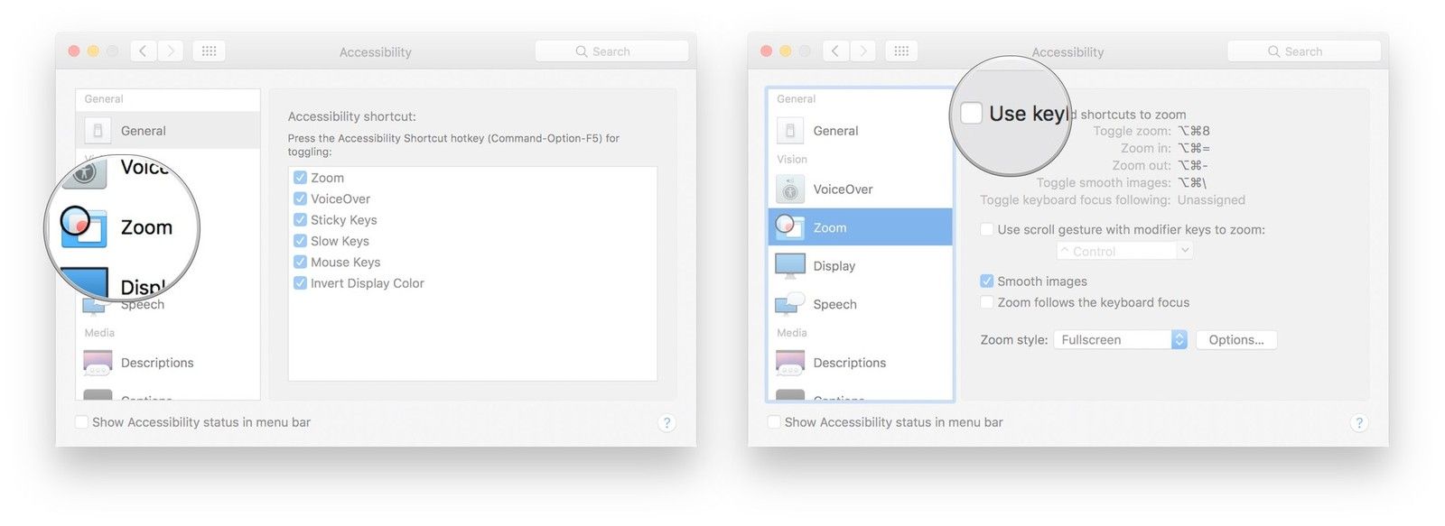 Нажмите Масштаб, установите флажок рядом с Использовать сочетания клавиш для увеличения.