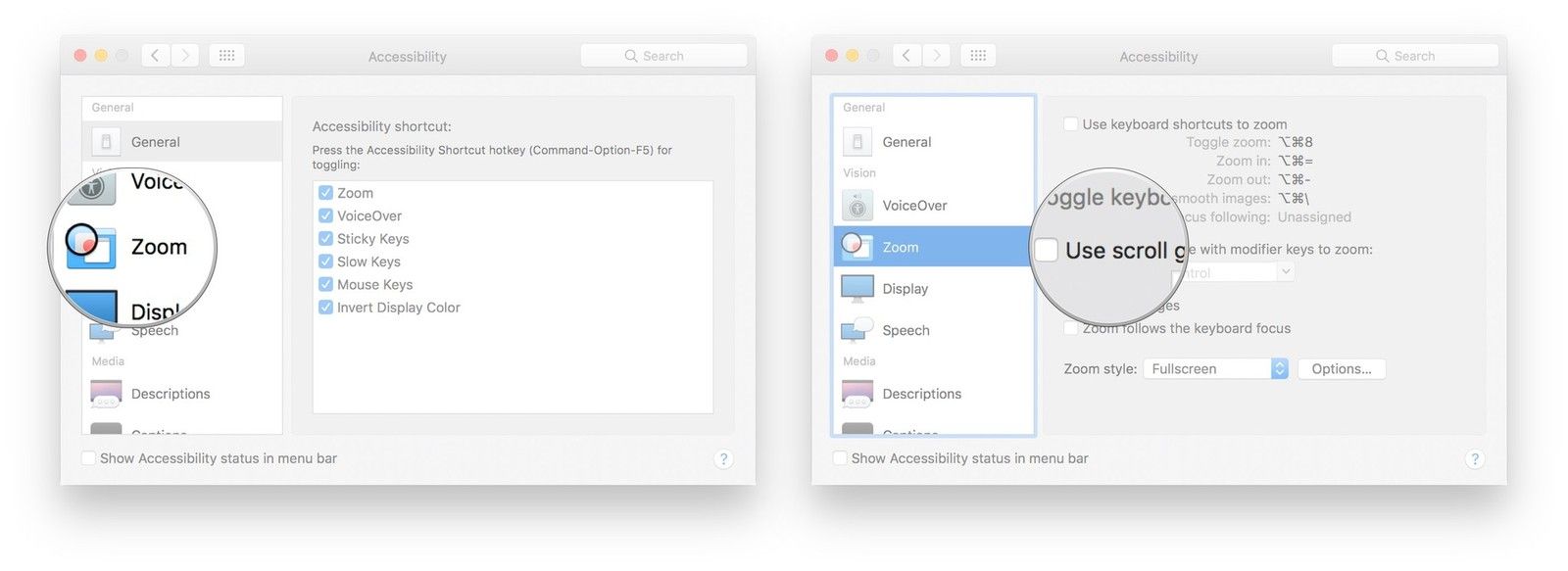 Нажмите Масштаб, установите флажок рядом с Использовать жест прокрутки с клавишами-модификаторами для увеличения.
