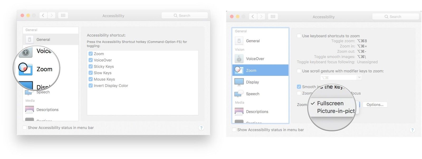 Нажмите Zoom. щелкните раскрывающееся меню рядом со стилем Zoom, щелкните «Полный экран» или «Картинка в картинке».