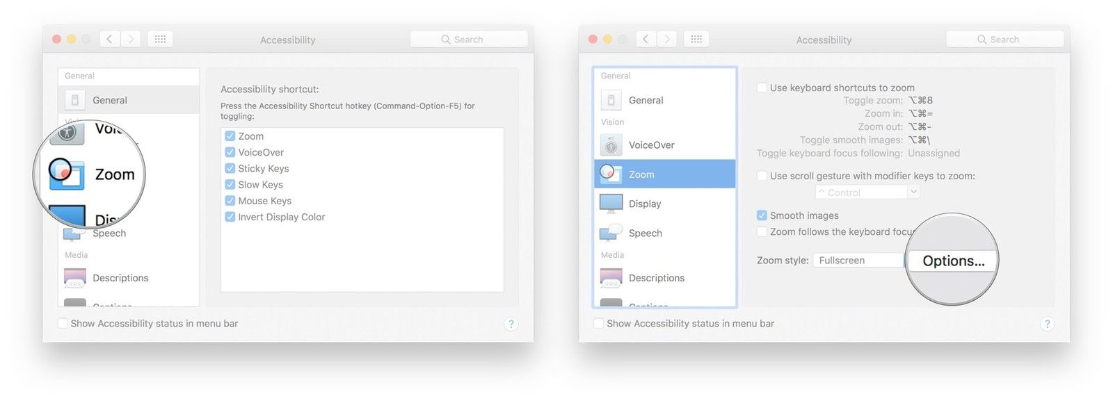 Нажмите Zoom в меню слева, выберите Options рядом с Fullscreen