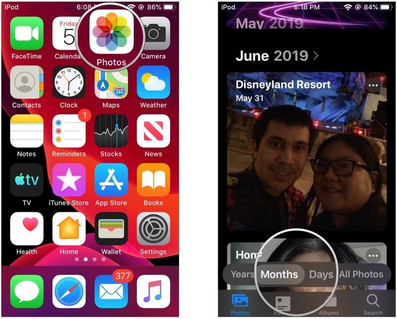 Запустите Фото, выберите Месяцы или Дни на вкладке Фотографии Запустите Фото, выберите Месяцы или Дни на вкладке Фотографии