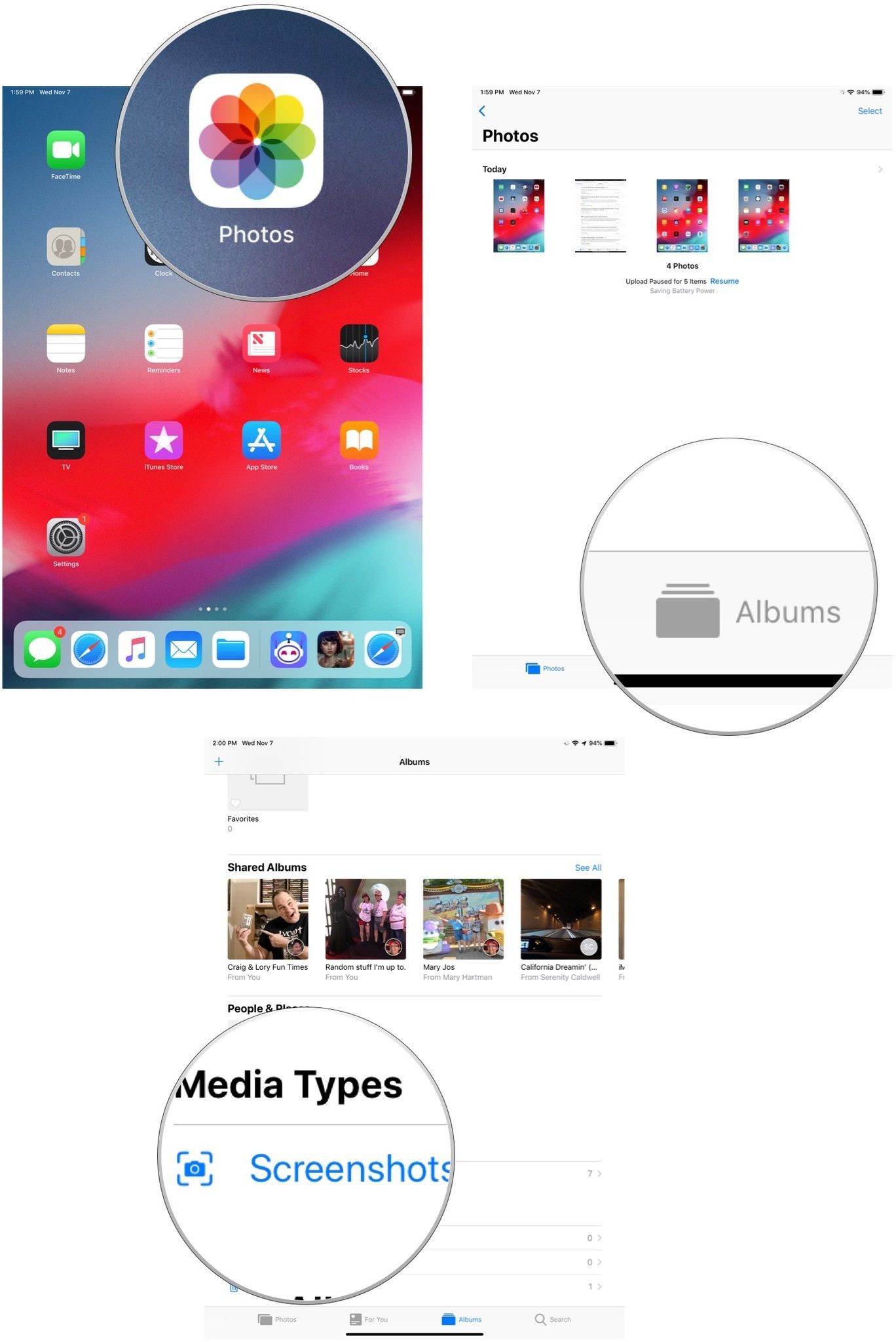 Запустите приложение «Фото», нажмите «Альбомы», затем нажмите «Снимки экрана»