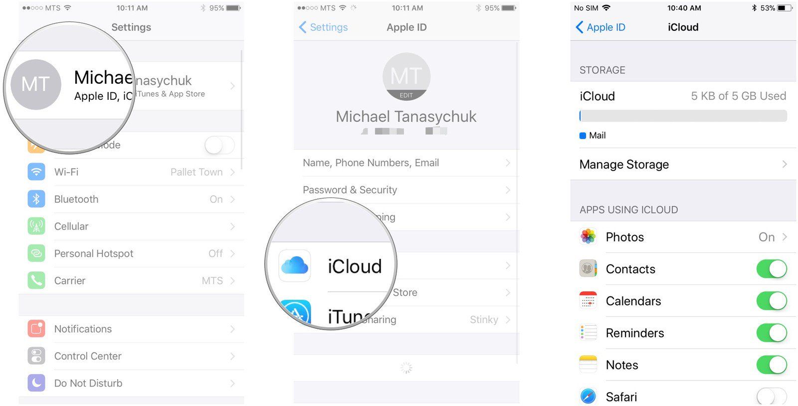 Нажмите свой баннер Apple ID, нажмите iCloud