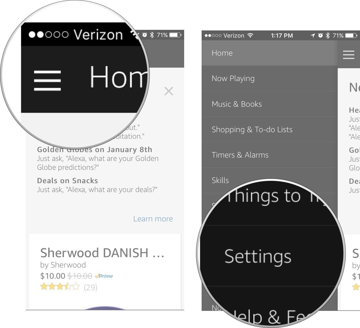 Откройте приложение Alexa, нажмите &laquo;Меню&raquo;, затем нажмите &laquo;Настройки&raquo;.