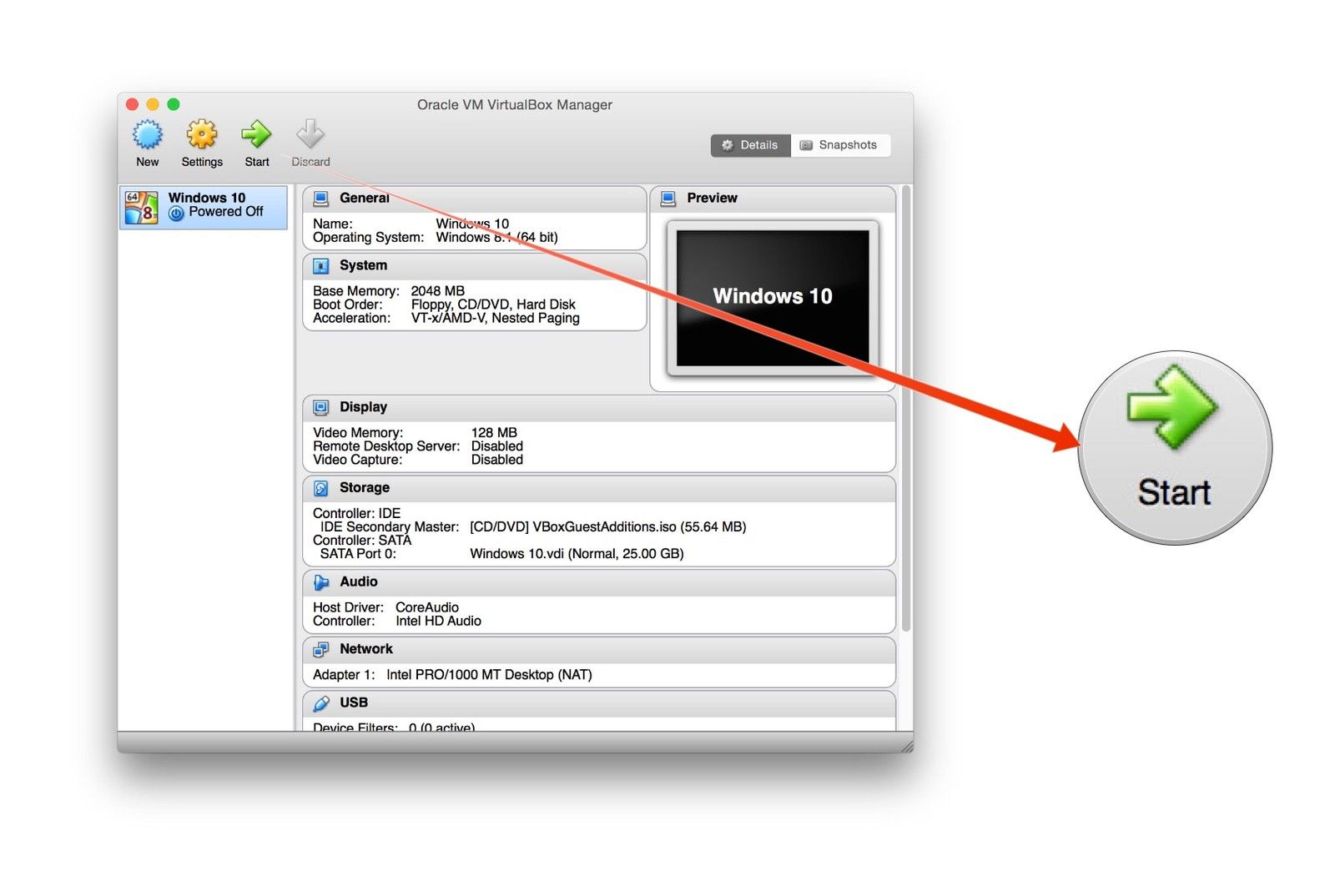 Нажмите кнопку «Пуск» в VirtualBox Manager