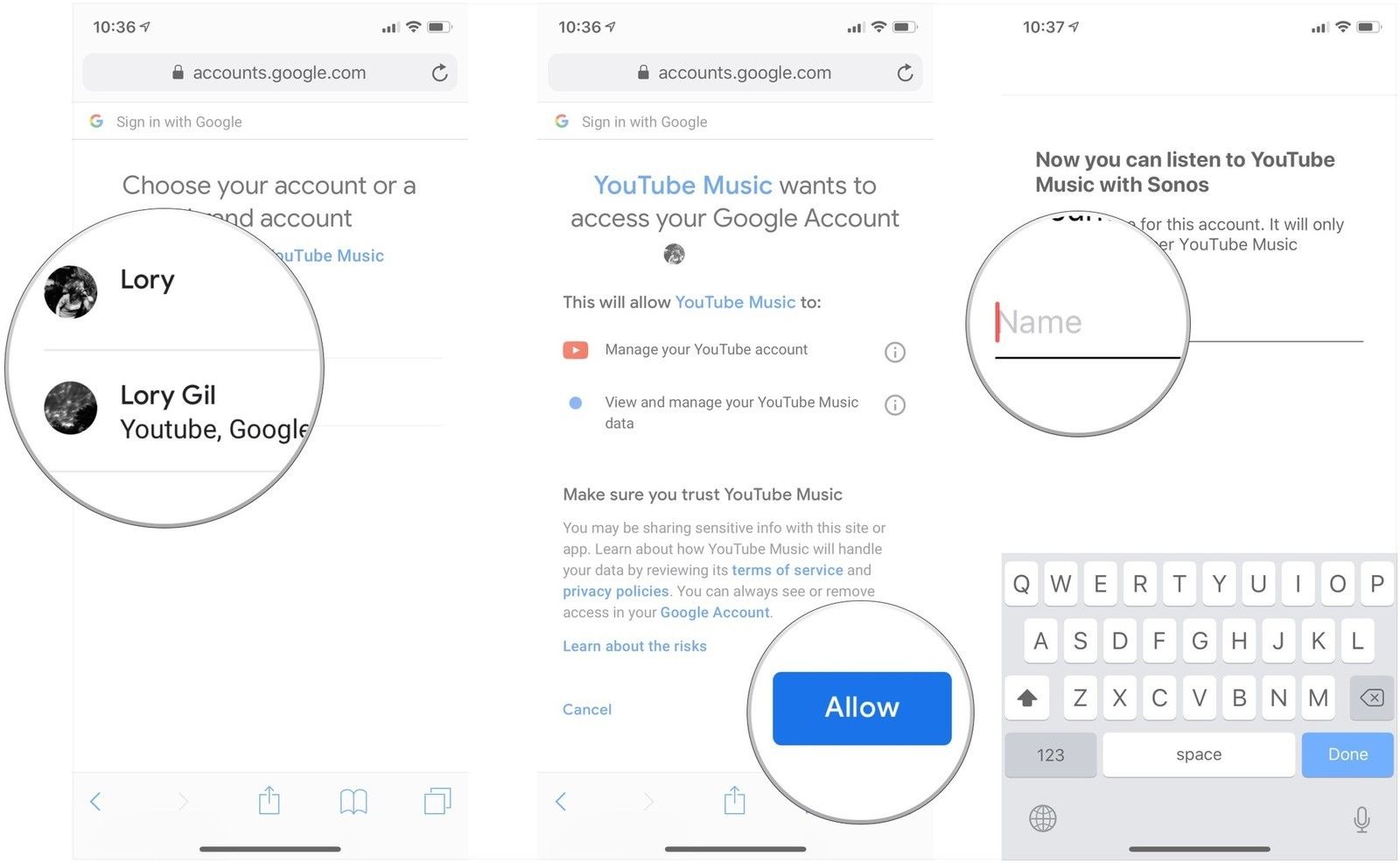 Нажмите учетную запись Google, нажмите &laquo;Разрешить&raquo;, введите имя для службы