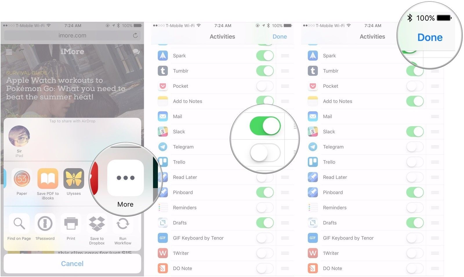 Нажмите «Еще», переверните переключатели, нажмите «Готово»