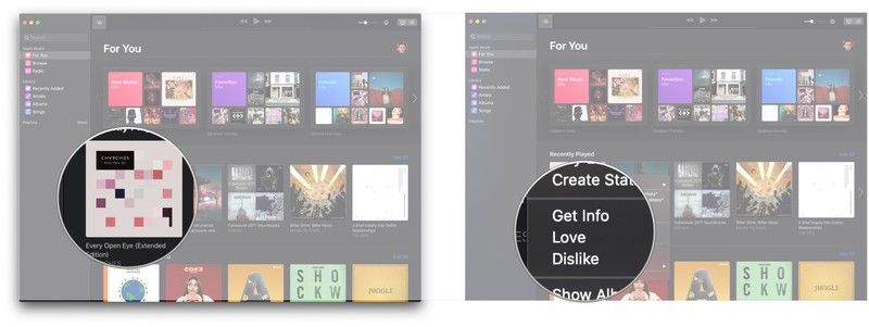 Правой кнопкой мыши или кликом на песню или альбом