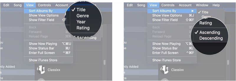 Нажмите View, нажмите Ascending или Descending.