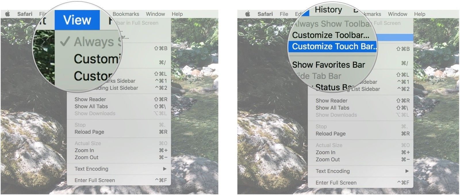 Нажмите View, затем нажмите Customize Touch Bar