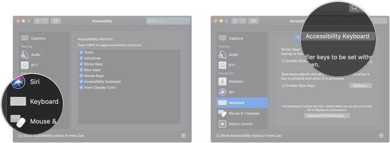 Нажмите Клавиатура, нажмите Доступность Клавиатура