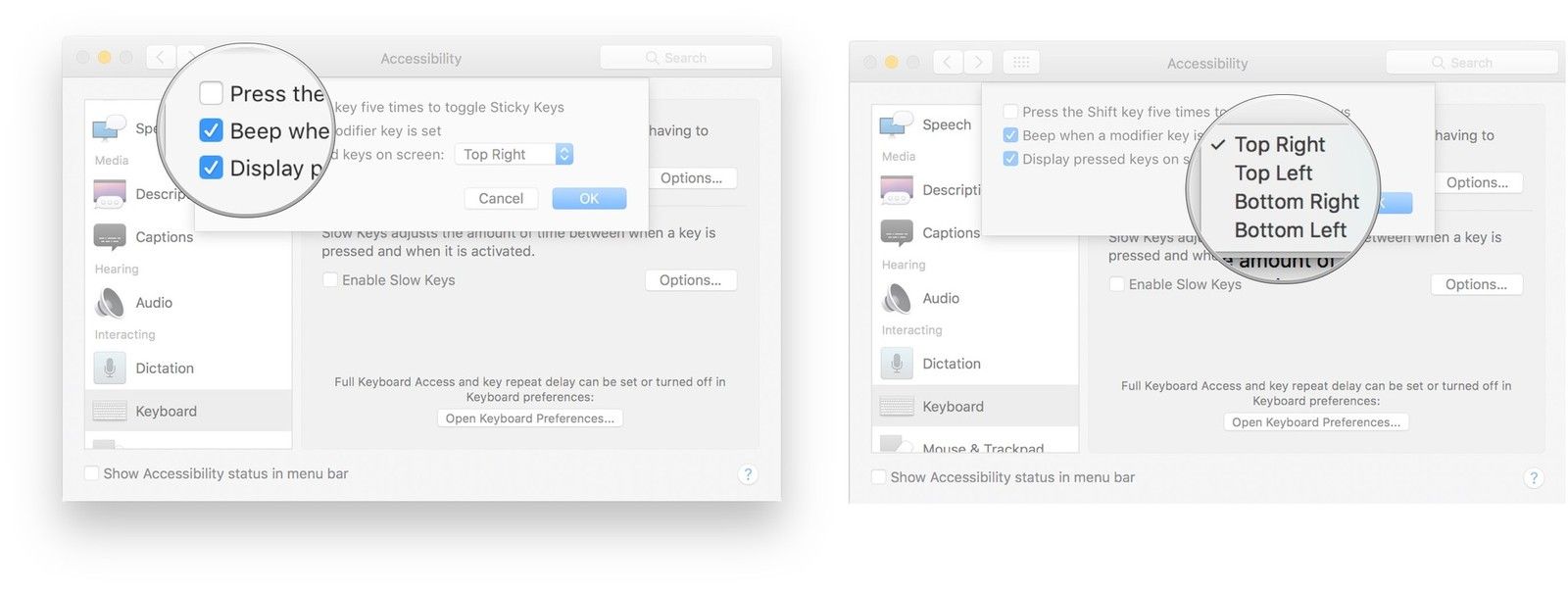 Установите флажок рядом с каждым параметром, чтобы включить или отключить его, щелкните раскрывающееся меню, выберите местоположение