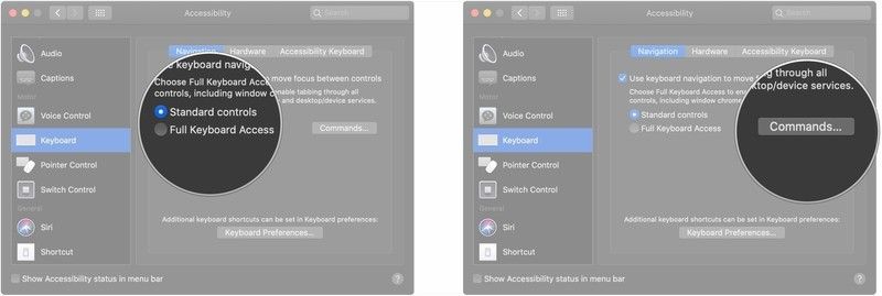Нажмите Стандартные элементы управления или Полный доступ с клавиатуры, нажмите Команды ...