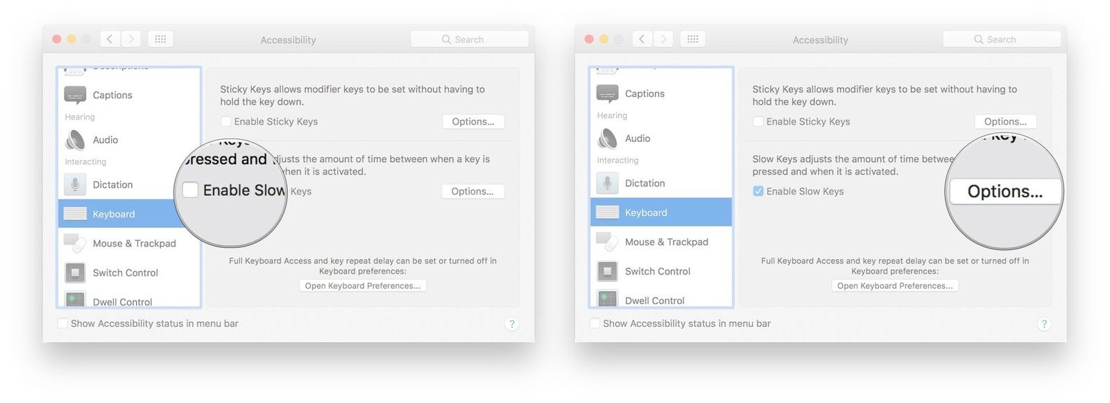Нажмите «Клавиатура» в меню слева, установите флажок «Включить медленные клавиши», нажмите «Параметры».