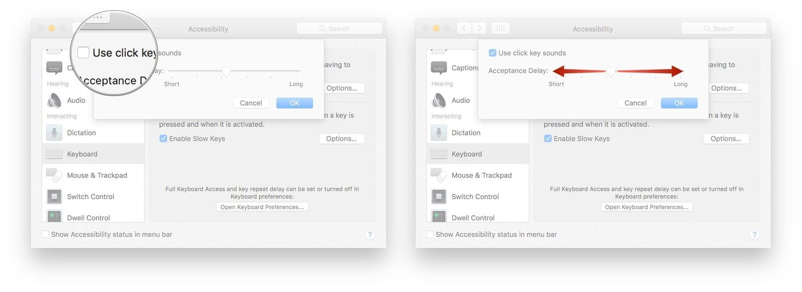 Установите флажок рядом с Использовать звуки нажатия клавиш, нажмите и перетащите ползунок, чтобы увеличить или уменьшить задержку нажатия клавиш.