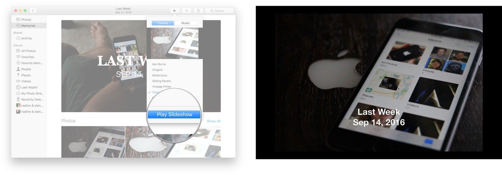 Нажмите «Воспроизвести слайд-шоу» в нижней части меню, Ваше слайд-шоу начнется автоматически.