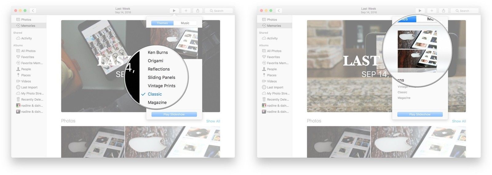 Нажмите на тему слайд-шоу, и появится предварительный просмотр.